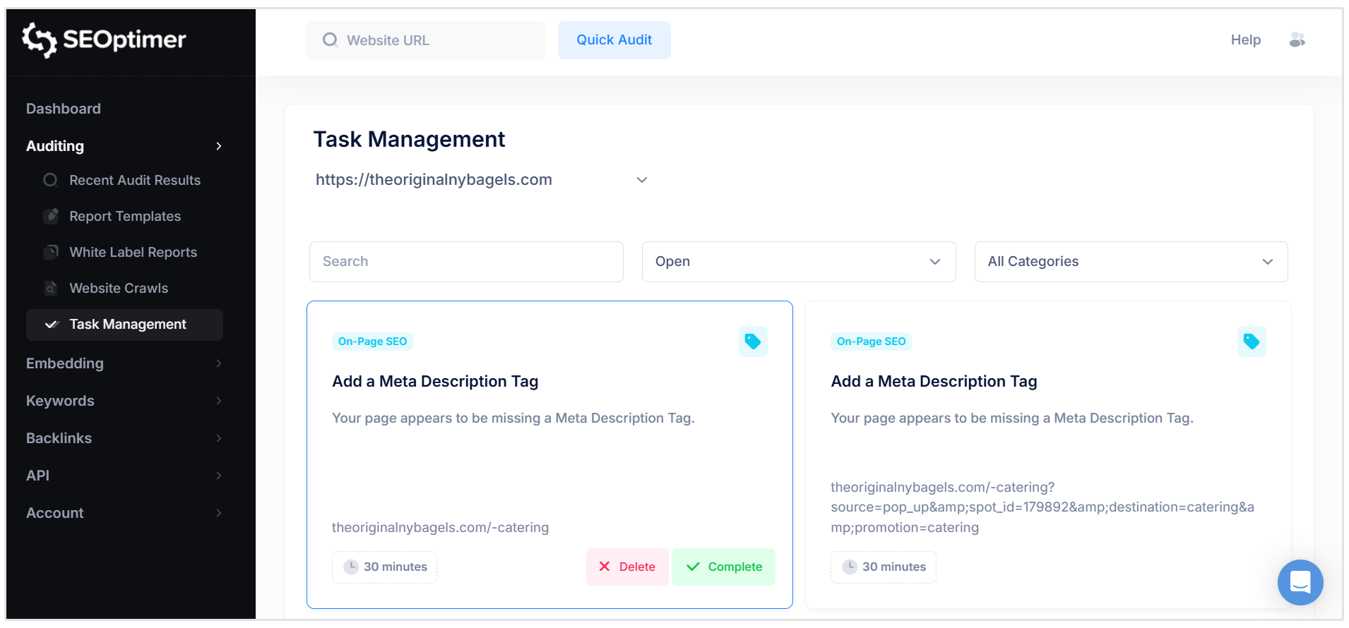SEO task management interface